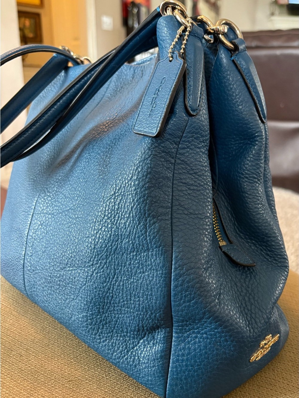 Coach Teal Blue Pebbled Leather Shoulder Bag with Gold Hardware